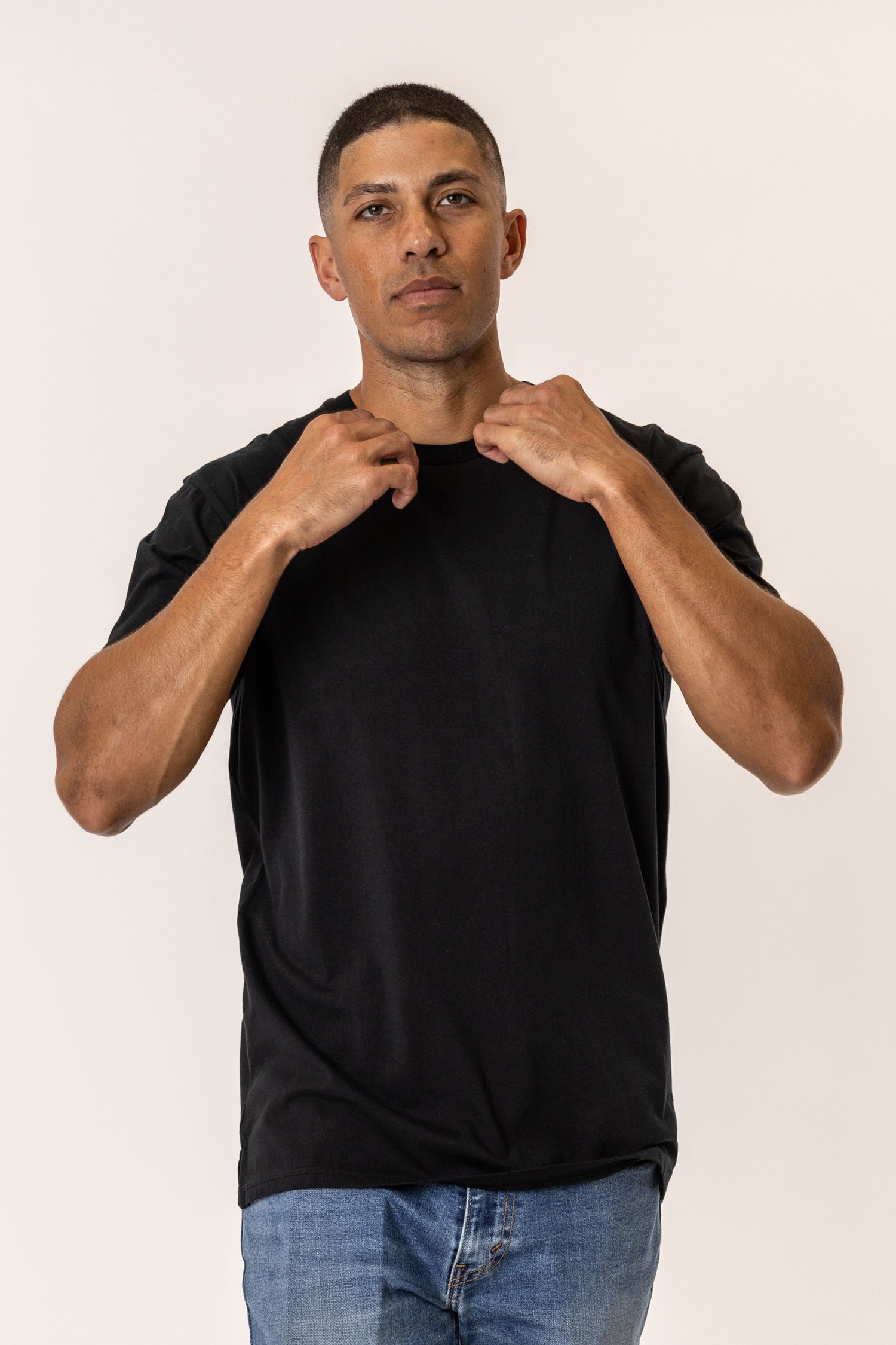 Man wearing a black t-shirt