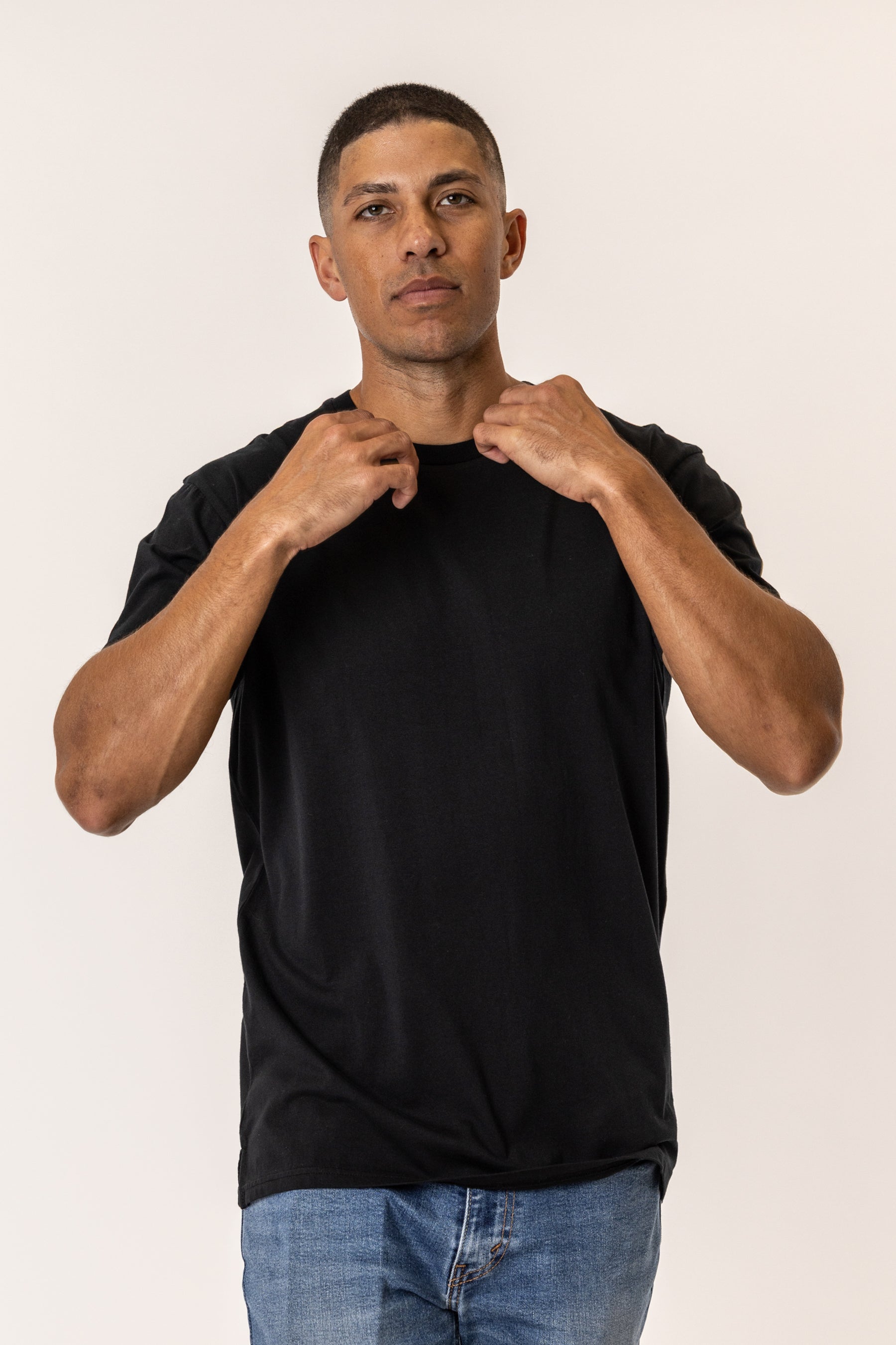 Man wearing a black t-shirt