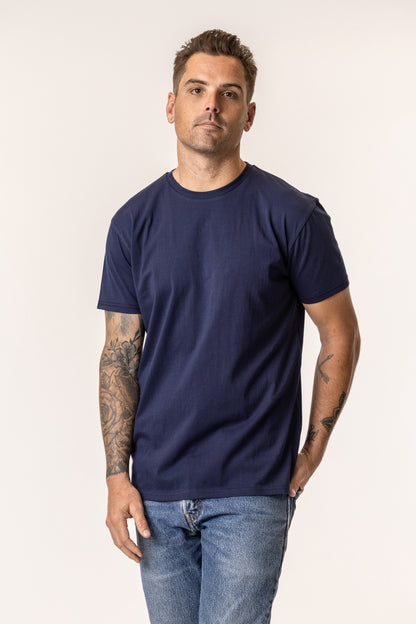 Man wearing a navy blue t-shirt