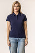 Woman wearing a navy blue polo shirt